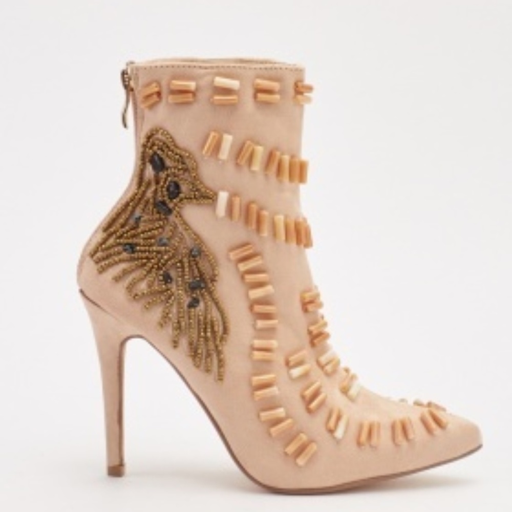 Embellished Nude Ankle Bootie with Gold Bead Detail